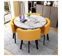 Moderno juego de comedor de 5 piezas para balcón o cocina, mesa redonda de madera de 80 cm/90 cm, con patas de metal y 4 sillas de cuero, color negro