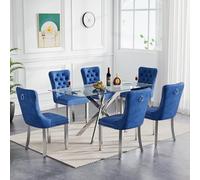 Moderno juego de comedor de 7 piezas para mesa de cocina plateada de 6 a 51 pulgadas con base de metal en forma de X y 6 Cs tapizados azules, colección de muebles de comedor chic