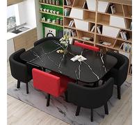 Moderno juego de comedor de mármol sintético de 7 piezas con 6 sillas tapizadas, ideal para cocina, comedor o mesa rectangular de desayuno (90 x 150 cm), muebles elegantes y funcionales