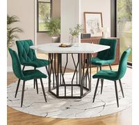 Moderno juego de comedor - Mesa hexagonal de mármol de 5 piezas con 4 sillas de terciopelo, elegante mueble de comedor para decoración elegante del hogar, colección de comedor contemporánea