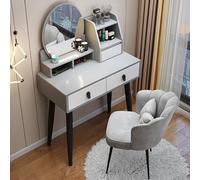 Moderno juego de escritorio gris con silla, mesa de maquillaje y armario de almacenamiento, taburete de espejo de tocador de alta definición y cajones dobles, perfecto para espacios pequeños o