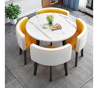 Moderno juego de mesa de bar de cocina amarillo y blanco con sillas de respaldo suave, muebles de comedor redondos que ahorran espacio para café, oficina y conferencias.