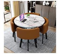 Moderno juego de mesa de comedor de 5 piezas con mesa redonda de madera y patas de metal, sillas de cuero negro para balcón, cocina, comedor, oficina, recepción y área de ocio.