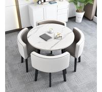Moderno juego de mesa de comedor redonda con 4 sillas que ahorran espacio, muebles de cocina y comedor, mesa de conferencias compacta para reuniones, diseño gris claro y blanco