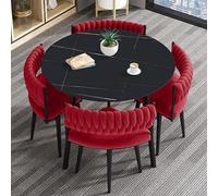Moderno juego de mesa de comedor redonda de 5 piezas para 4 elegantes mesas de café para sala de estar, oficina, cocina, recepción, acabado minimalista de madera con sillas de piel roja