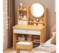 Moderno juego de mesa de tocador con espejo redondo y taburete acolchado, 2 cajones, estantes de almacenamiento, escritorio de madera para dormitorio o baño, tamaño compacto (24 x 16 x 48 pulgadas)