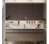 Moderno juego de muebles de baño con fregadero, tocador marrón de 160 cm con espejo LED, elegante solución de almacenamiento de baño para espacios contemporáneos.