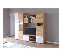 Moderno juego de muebles de sala de estar, mueble de pared para TV en roble dorado y acabado blanco brillante