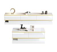 Moderno juego de sala de estar LED con 4 puertas y mesa de café con 2 cajones, estructura ondulada de color blanco y dorado