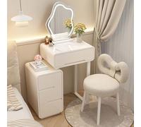 Moderno juego de tocador 3 en 1 con espejo LED y silla, diseño de ahorro de espacio, acabado blanco brillante, incluye cajones de almacenamiento para maquillaje y accesorios
