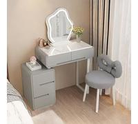 Moderno juego de tocador 3 en 1 con espejo LED y taburete, diseño de ahorro de espacio, elegante mesa de maquillaje con acabado blanco brillante con cajones, perfecto para decoración de dormitorio