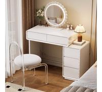 Moderno juego de tocador blanco con espejo LED redondo y silla, mesa de maquillaje de madera maciza que ahorra espacio, elegante mueble de vestidor 70 x 40 x 76 cm