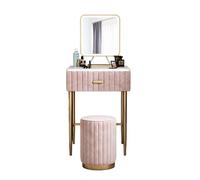 Moderno juego de tocador con cajones y mesa de maquillaje con espejo, taburete redondo tapizado, parte superior de mármol y marco de hierro, color rosa, 40 x 60 cm, estación de belleza para looks