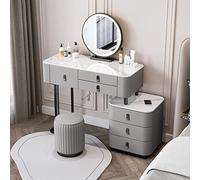 Moderno juego de tocador con espejo LED giratorio de 360°, iluminación de 3 colores, 6 cajones, taburete acolchado, elegante acabado gris y negro, mesa de maquillaje de 120 cm