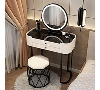 Moderno juego de tocador con espejo LED para dormitorio, tocador acolchado, 2 cajones grandes, parte superior de vidrio templado negro, ideal para mujeres, blanco y negro, 60 cm