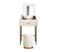 Moderno juego de tocador con espejo, mesa de maquillaje y cajones, taburete redondo tapizado, parte superior de mármol y marco de metal, acabado beige, diseño compacto de 40 x 40 cm