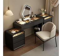 Moderno juego de tocador con luz ambiental LED, mesa de maquillaje de madera maciza con espejo inteligente y silla de diseño, elegante tocador con cajones para uso doméstico