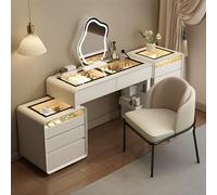 Moderno juego de tocador con luz ambiental LED, tocador de madera blanca de 48 pulgadas con cajones, espejo de maquillaje inteligente y silla para dormitorio