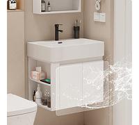 Moderno juego de tocador de baño blanco con fregadero de cerámica para montaje inferior y diseño flotante montado en la pared, construcción de madera gruesa, ideal para baños pequeños, elegante combo