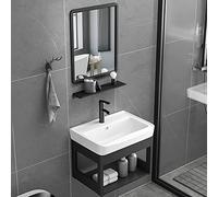 Moderno juego de tocador de baño con combo de fregadero, tocador individual independiente, tocador flotante montado en la pared con espejo y estante abierto, grifos de agua caliente/fría y drenaje
