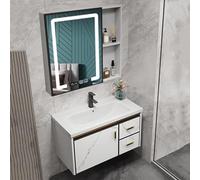 Moderno juego de tocador de baño con espejo LED, grifo caliente y frío, armarios de pared de 70 cm, para almacenamiento y ambiente de baño elegante.