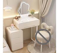 Moderno juego de tocador de maquillaje 3 en 1 con luces LED que ahorra espacio, tocador y silla, elegante mueble de dormitorio blanco brillante con cajones para mujer