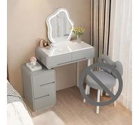 Moderno juego de tocador de maquillaje 3 en 1 con luces LED, tocador compacto y silla, elegante mueble blanco brillante con cajones para dormitorio de mujer, acabado gris