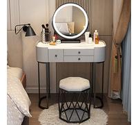 Moderno juego de tocador de maquillaje con espejo de pantalla táctil regulable y 3 modos de iluminación de color, elegante tocador para dormitorio, incluye taburete acolchado para mujeres y niñas