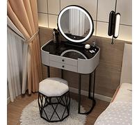 Moderno juego de tocador de maquillaje con espejo iluminado y taburete acolchado, elegante tocador con 2 cajones grandes, parte superior de vidrio templado, para mujer (gris y negro, 50 cm)