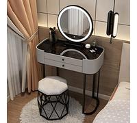 Moderno juego de tocador de maquillaje con espejo iluminado y taburete acolchado para dormitorio, elegante tocador, 2 cajones grandes, parte superior de vidrio templado negro, idea