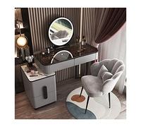 Moderno juego de tocador de maquillaje con espejo inteligente y taburete, tocador de madera gris y negra de 100 cm para dormitorio, diseño simple y elegante para artículos esenciales de belleza