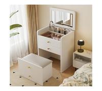 Moderno juego de tocador de maquillaje con espejo plegable, tocador compacto con taburete acolchado, elegante mueble de dormitorio, escritorio de maquillaje blanco para un aseo elegante