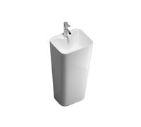 Moderno lavabo de cerámica blanca con diseño de una sola columna, incluye grifo plateado y kit de drenaje, elegante lavabo de baño para espacios contemporáneos