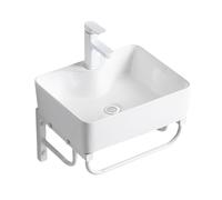 Moderno lavabo de pared con toallero, fregadero blanco que ahorra espacio para baños pequeños, 50 x 25 cm, diseño elegante y almacenamiento funcional
