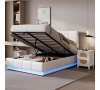Moderno marco de cama doble 4FT6 con iluminación LED y gran almacenamiento, cabecero ajustable y elevador de gas, cama otomana, cuero sintético PU, blanco tapizado (135 x 190 cm)