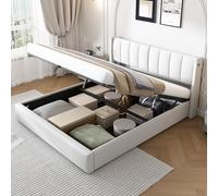 Moderno marco de cama doble tapizado con LED con almacenamiento otomano y estación de carga, elevación de gas, apertura de extremo hidráulico, con listones de madera y acabado blanco de poliuretano