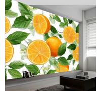 Moderno Minimalista Papel Pintado Efecto 3D 450 x 280 cm, Papel tapiz fotográfico Hojas Verdes Naranjas De Acuarela De Frutas Fotomurales Pared Tejido No Tejido Decoración De Pared Sala Cuarto Salón