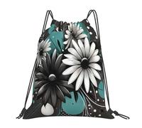 Moderno Mochila Cordónes Flores de Margarita Verde Azulado Blanca y Negra Cómodos Bolsa de Cordón para Acampada Yoga Hombre 36X42cm