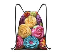 Moderno Mochila de Cuerda Pastel de Flores arcoíris con Cupcakes Coloridos, Unisex Bolsa de Cuerdas, con cordón Bolsas de Deporte, para Adulto Mujer 36X42cm