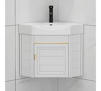 Moderno mueble de baño de esquina pequeño con diseño montado en la pared para lavandería, fregadero de cerámica con almacenamiento y grifo de frío/calor, ideal para el hogar, cocina o patio