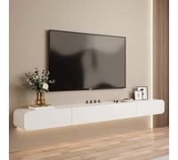 Moderno mueble de pared para TV de 180 cm, color blanco, con orificios para toma de corriente, centro de entretenimiento para sala de estar y dormitorio