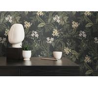 Moderno Papel Pintado Floral Con Flores & Pastos Estructurado Mate - Negro,