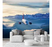 Moderno papel pintado panorámico 3D 300 x 210 cm, cielo azul nubes blancas montañas avión papel pintado no tejido - Beige claro mural fotográfico moderno para sala de estar, dormitorio infantil, fondo