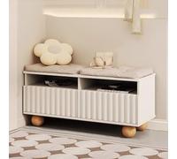 Moderno puf de madera con asiento acolchado y patas, elegante reposapiés para sala de estar y pasillo, diseño de pitufos, 100 x 34 x 42 cm