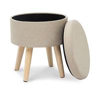 Moderno puf redondo de lino con charola, patas de madera, multifuncional, tapizado, otomano, para sala de estar, baño, maquillaje, decoración del hogar, color beige.