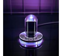 Moderno reloj de cristal y metal con WiFi en forma de tubo brillante con colores RGB, actualizaciones meteorológicas y visualización de imágenes