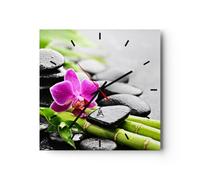 Moderno Reloj de Pared Planta Piedras bambú SPA 30x30cm Decoracion Reloj de Vidrio Cocina Salon Oficina Reloj Decorativo Silencioso Art Wall Clock Decor Decorativo para el Hogar C3AC30x30-2681