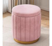 Moderno reposapiés tapizado de terciopelo redondo rosa con tapa extraíble, base de metal dorado, acento elegante para sala de estar, dormitorio o dormitorio.