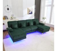 Moderno sofá en U con iluminación LED ambiental y marco de madera maciza con puerto USB-C, 4 cojines de lujo y respaldo ergonómico premium, color verde oscuro