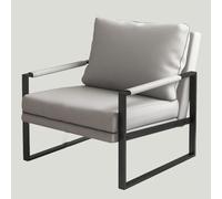 Moderno sofá individual de cuero gris con respaldo acolchado grueso, silla decorativa de mediados de siglo, elegante marco de metal, brazo de salón para sala de estar, solución de asiento cómoda